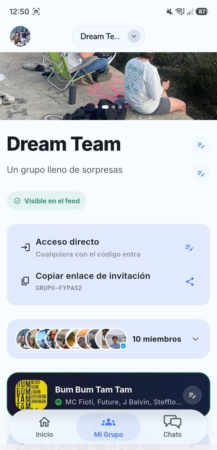 Perfil de grupo en la app de Blent